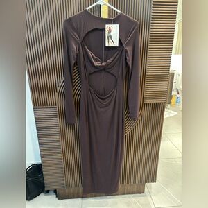 Naked Wardrobe Brown Backless Long Sleeve Dress